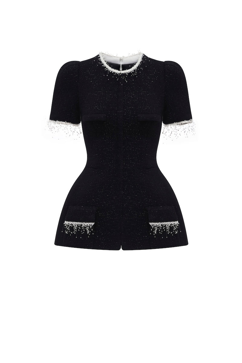 Black short sleeve tweed blazer by Montsand, stylish top with tailored fit and textured fabric, ideal for smart casual outfits.