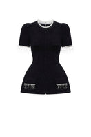 Black short sleeve tweed blazer by Montsand, stylish tailored top with textured fabric and classic collar detail.