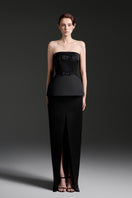 Black silk taffeta co-ord set featuring a strapless top with double ribbon bows, by I.H.F Studio.