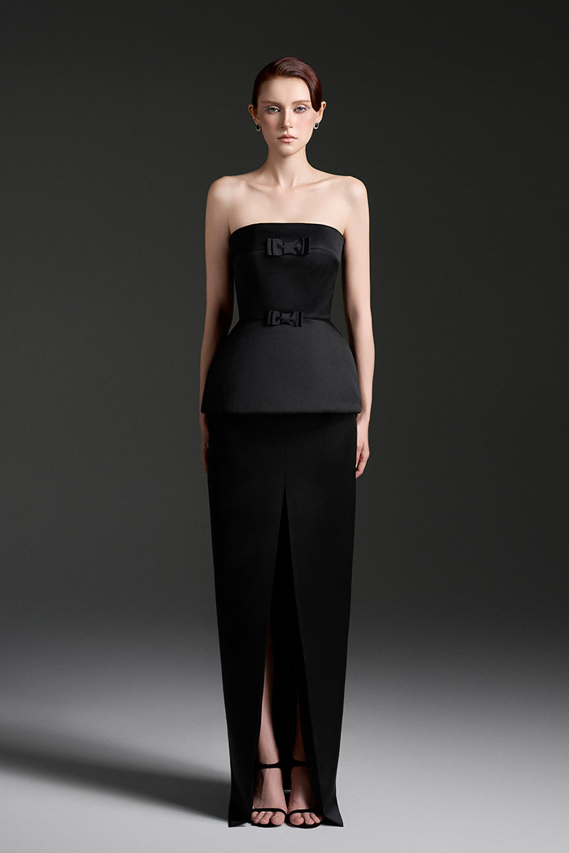 Black silk taffeta co-ord set featuring a strapless top with double ribbon bows, by I.H.F Studio.