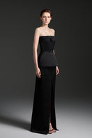 Black silk taffeta co-ord set featuring a strapless top with double ribbon bows, designed by I.H.F Studio.