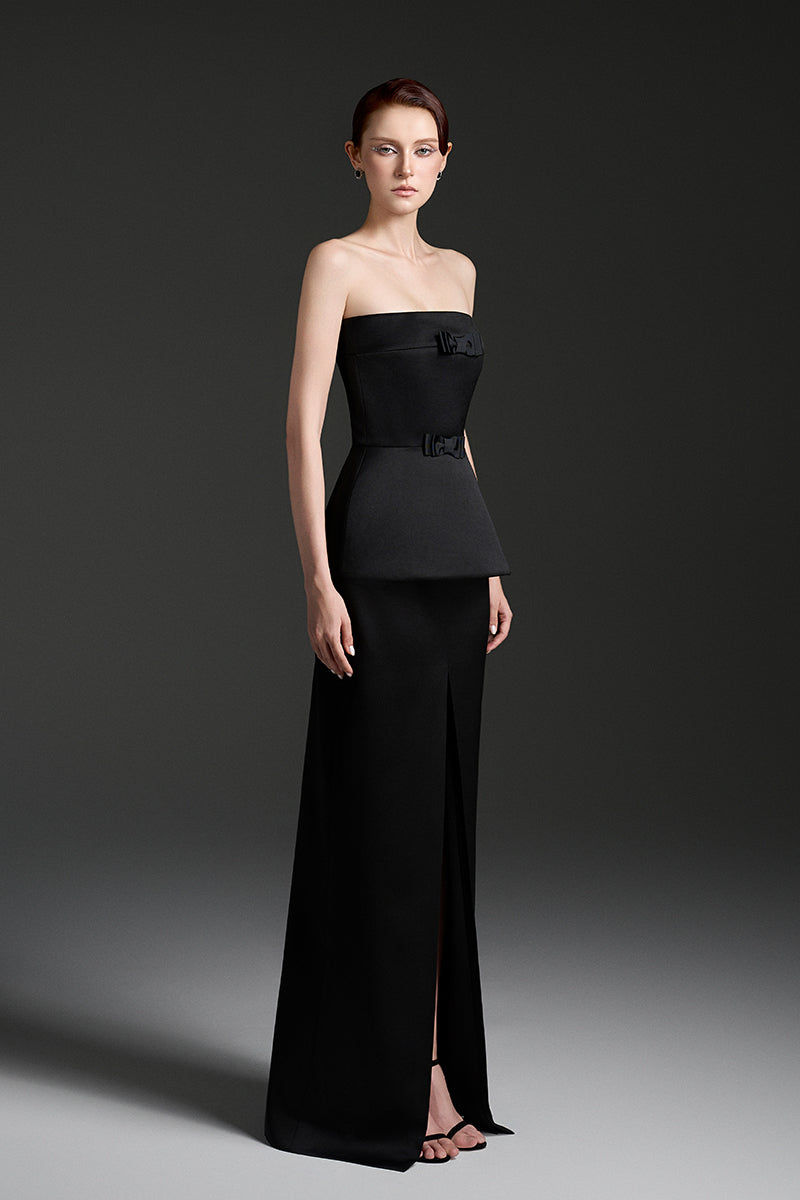 Black silk taffeta co-ord set featuring a strapless top with double ribbon bows, designed by I.H.F Studio.