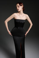 Black silk taffeta co-ord set featuring a strapless top with double ribbon bows from I.H.F Studio.
