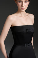Black silk taffeta co-ord set featuring a strapless top with double ribbon bows by I.H.F Studio.