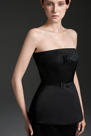 Black silk taffeta co-ord set featuring a strapless top with double ribbon bows by I.H.F Studio.