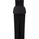 Black silk taffeta co-ord set featuring a strapless top with double ribbon bows, designed by I.H.F Studio.