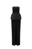 Black silk taffeta co-ord set featuring a strapless top with double ribbon bows, designed by I.H.F Studio.