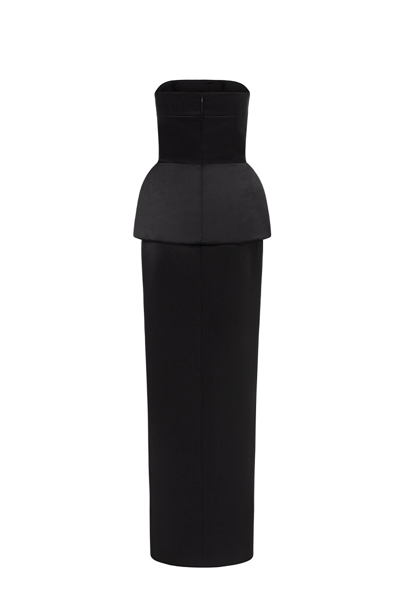 Black silk taffeta co-ord set featuring a strapless top with double ribbon bows from I.H.F Studio.