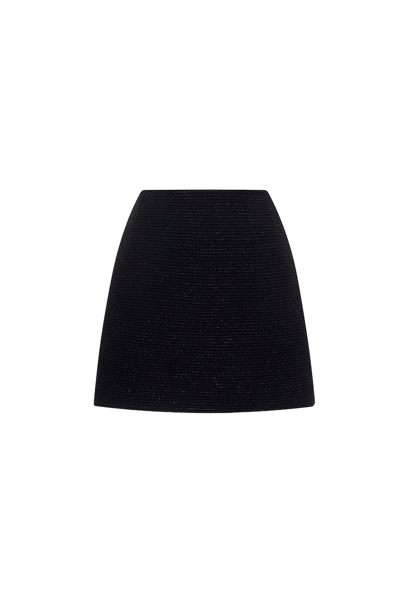 Black tweed mini skirt by Montsand, featuring classic textured fabric and a stylish, fitted silhouette.
