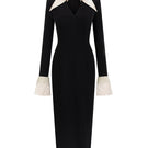 Black and beige V-neck flared cuff knee-length midi dress by I.H.F Studio, featuring long sleeves and crepe fabric with wing cuff details.