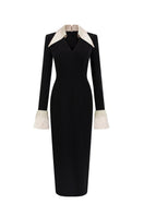 Black and beige V-neck flared cuff knee-length midi dress by I.H.F Studio, featuring long sleeves and crepe fabric with wing cuff details.