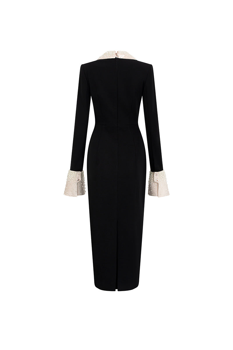 V-NECK FLARED CUFF KNEE LENGTH DRESS IN BLACK AND BEIGE | CULT MIA | I.H.F Studio V-NECK FLARED CUFF KNEE LENGTH DRESS IN BLACK AND BEIGE | CULT MIA | I.H.F Studio