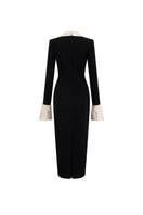 Black and beige V-neck flared cuff midi dress by I.H.F Studio, featuring long sleeves and winged cuffs in stylish crepe fabric.