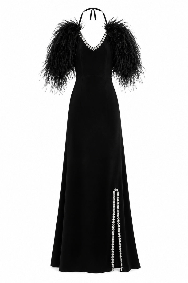 CULT MIA X MONIKA DIMOVA BLACK CREPE EMBROIDERED FEATHER GOWN