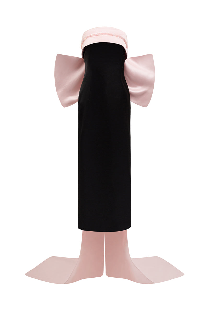Black and light pink bustier gown by I.H.F Studio featuring a fold-over midi design with a large bow at the back.