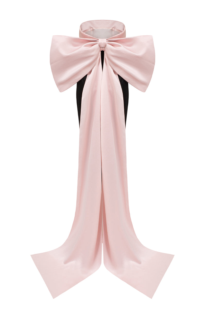 Black and light pink bustier gown by I.H.F Studio featuring a fold-over midi design with a large bow at the back.