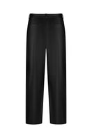 Black faux leather straight-leg pants by ELENAREVA, shown on a model, with a sleek, fitted silhouette and classic waistband.