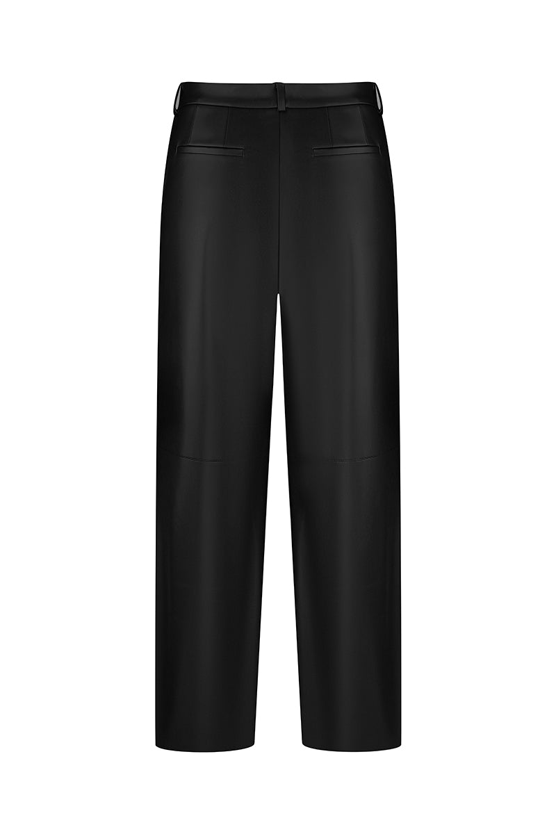 Black faux leather straight-leg pants by ELENAREVA, shown on a model, with a sleek, fitted silhouette and classic waistband.