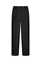 Black faux leather straight-leg pants by ELENAREVA, shown in a close-up image highlighting the sleek fit and smooth texture.