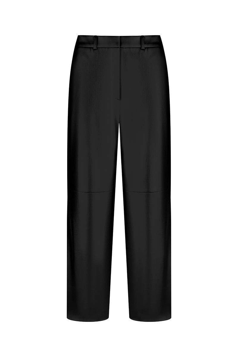Black faux leather straight-leg pants by ELENAREVA, shown in a close-up image highlighting the sleek fit and smooth texture.