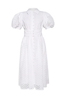 White Liya Bloom midi dress featuring a fitted bodice and flowing skirt, perfect for elegant daytime or evening wear.