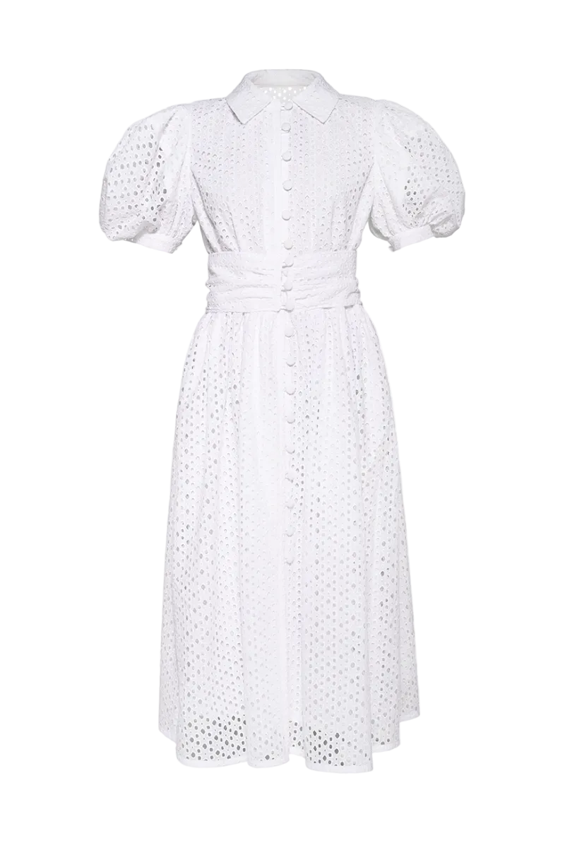 White Liya Bloom midi dress featuring a fitted bodice and flowing skirt, perfect for elegant daytime or evening wear.
