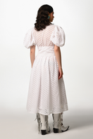 White Liya Bloom midi dress with a fitted bodice and flowy skirt, perfect for elegant daytime or evening wear.