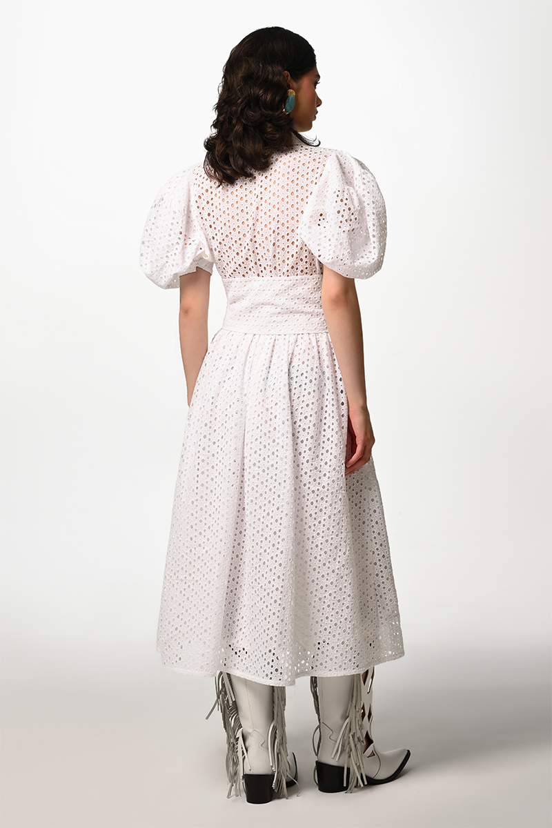 White Liya Bloom midi dress with a fitted bodice and flowy skirt, perfect for elegant daytime or evening wear.
