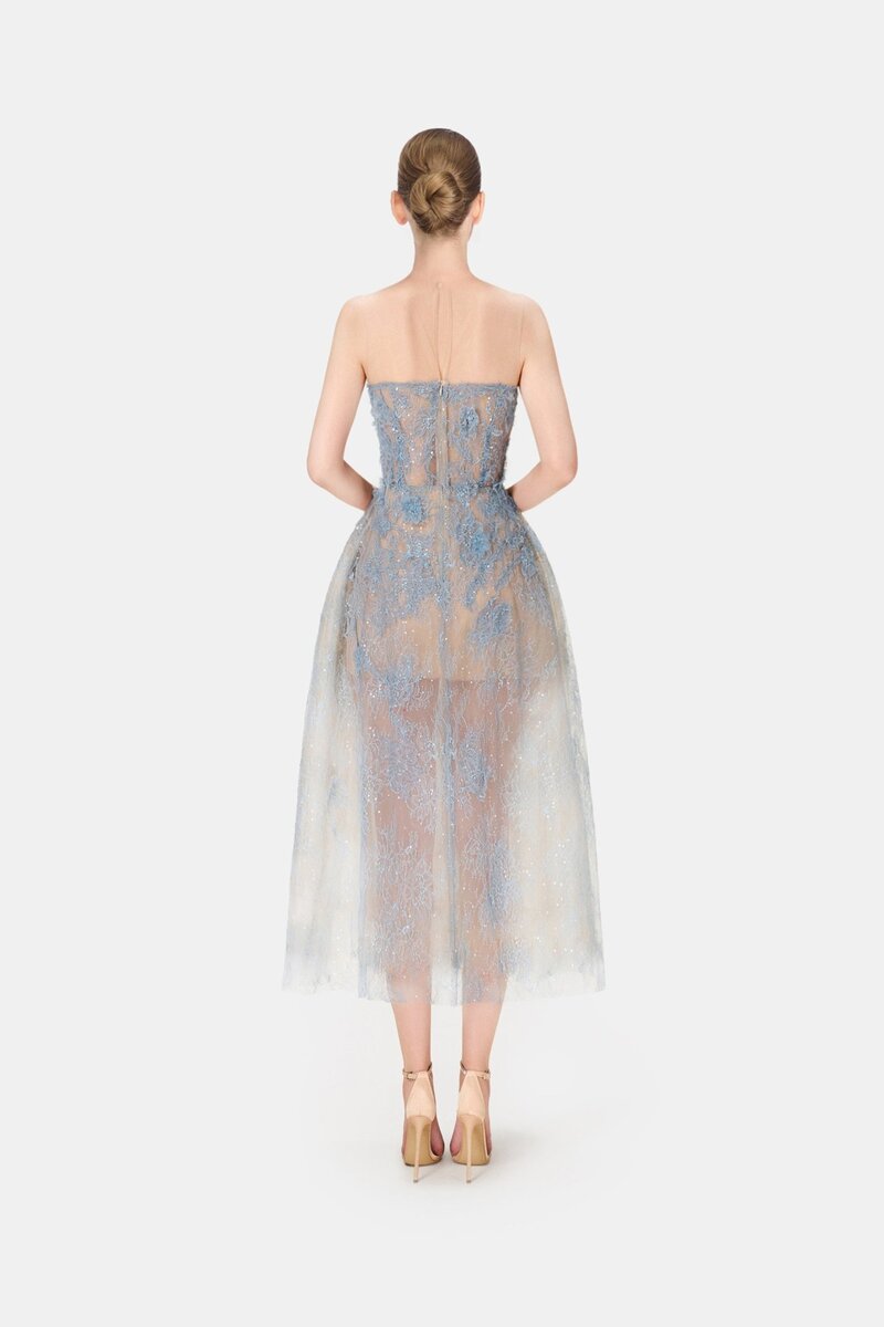 designer blue lace dress V-neck Sky Blue High Split Special Lace Design Evening Dress
