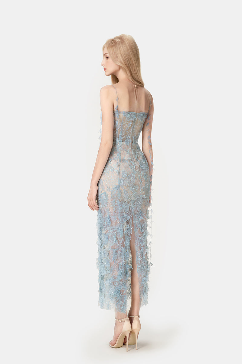 Blue Cord Lace Diamante Midi Dress
