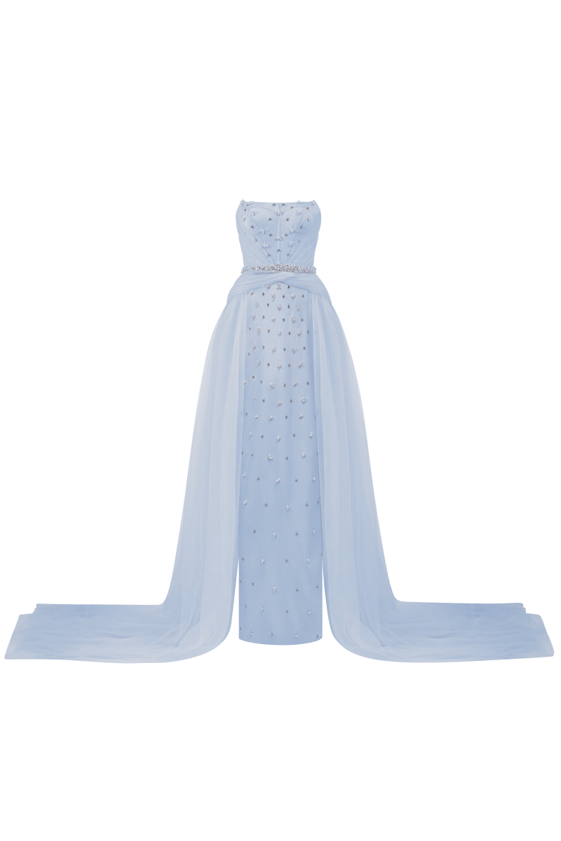 evening dress in pale blue tulle with stole ASHLEYlauren 30118 Sky Blue Tulle Quinceaera Ball Gown