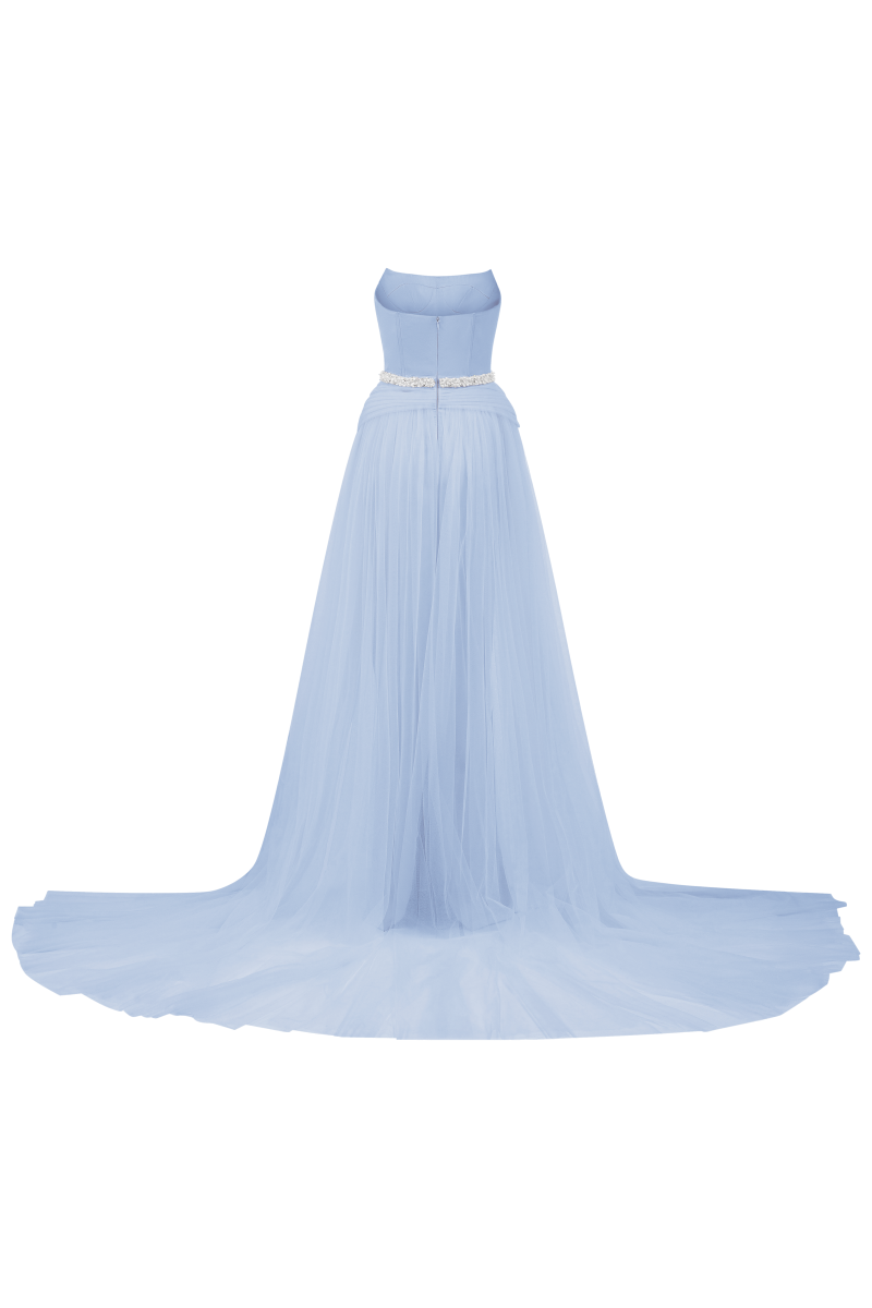 evening dress in pale blue tulle with stole ZAPAKA Women Sky Blue Prom Dress with Appliques Tulle A-Line Spaghetti Straps Party Dress, Sky Blue / US24W