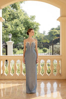 Blue Margaux glitter elastic gown by 21Six featuring a fitted silhouette and elegant design, perfect for formal occasions.