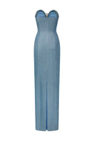 Blue Margaux Glitter Elastic Gown by 21Six featuring a flowing design and shimmering fabric, perfect for elegant occasions.