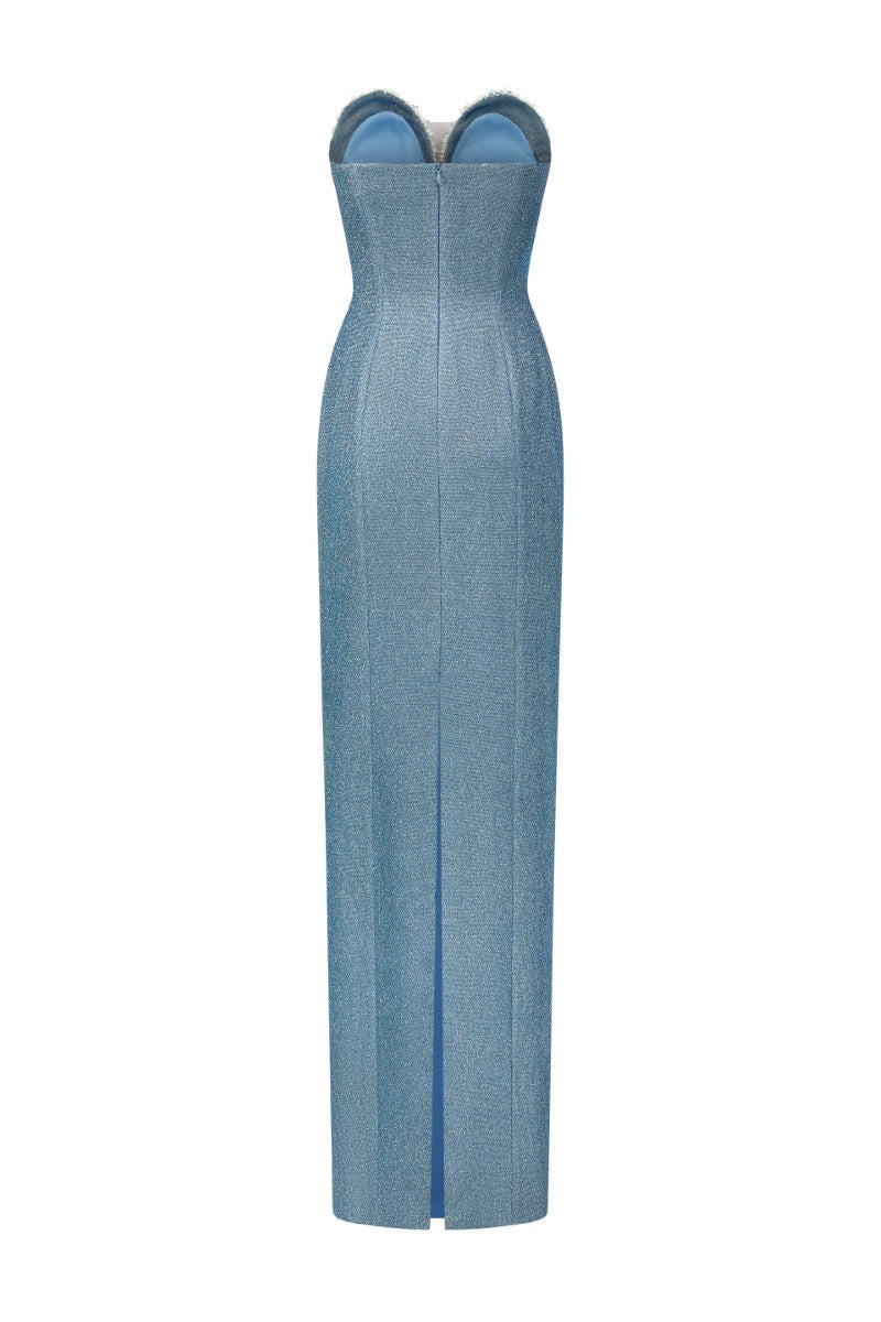 Blue Margaux Glitter Elastic Gown by 21Six featuring a flowing design and shimmering fabric, perfect for elegant occasions.