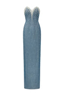 Blue Margaux glitter elastic gown by 21Six featuring a fitted silhouette and shimmering fabric, perfect for elegant occasions.