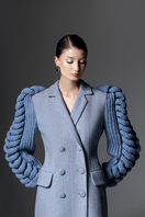 Liya statement sleeves coat in slate blue, stylish outerwear with dramatic sleeve design and tailored fit, perfect for cold weather.