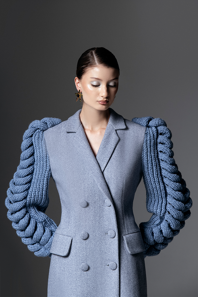 Liya statement sleeves coat in slate blue, stylish outerwear with dramatic sleeve design and tailored fit, perfect for cold weather.