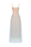 Blue Montsand corset tulle gown with a flowing maxi skirt, featuring intricate details in a vibrant shade of blue.