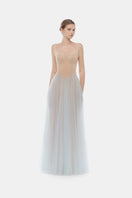 Elegant blue corset tulle gown by Montsand featuring a fitted bodice and flowing tulle skirt, perfect for formal occasions.