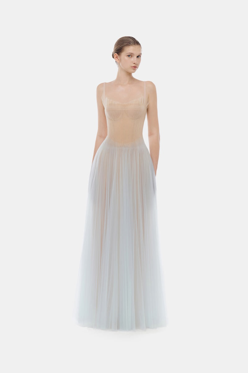 Elegant blue corset tulle gown by Montsand featuring a fitted bodice and flowing tulle skirt, perfect for formal occasions.
