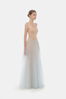 Blue corset tulle gown by Montsand featuring a flowing tulle design and elegant silhouette, perfect for formal occasions.