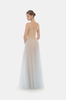 Blue corset tulle gown by Montsand featuring a flowing tulle skirt and fitted bodice, elegant evening dress for formal occasions.