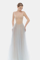 Elegant blue corset tulle gown by Montsand featuring a flowing tulle skirt and fitted bodice, perfect for formal occasions.