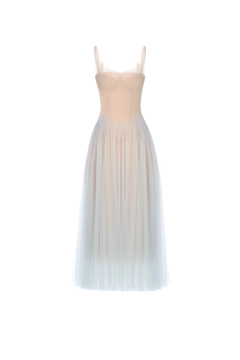 فستان ميدي أزرق من التول بتصميم الكورسيه