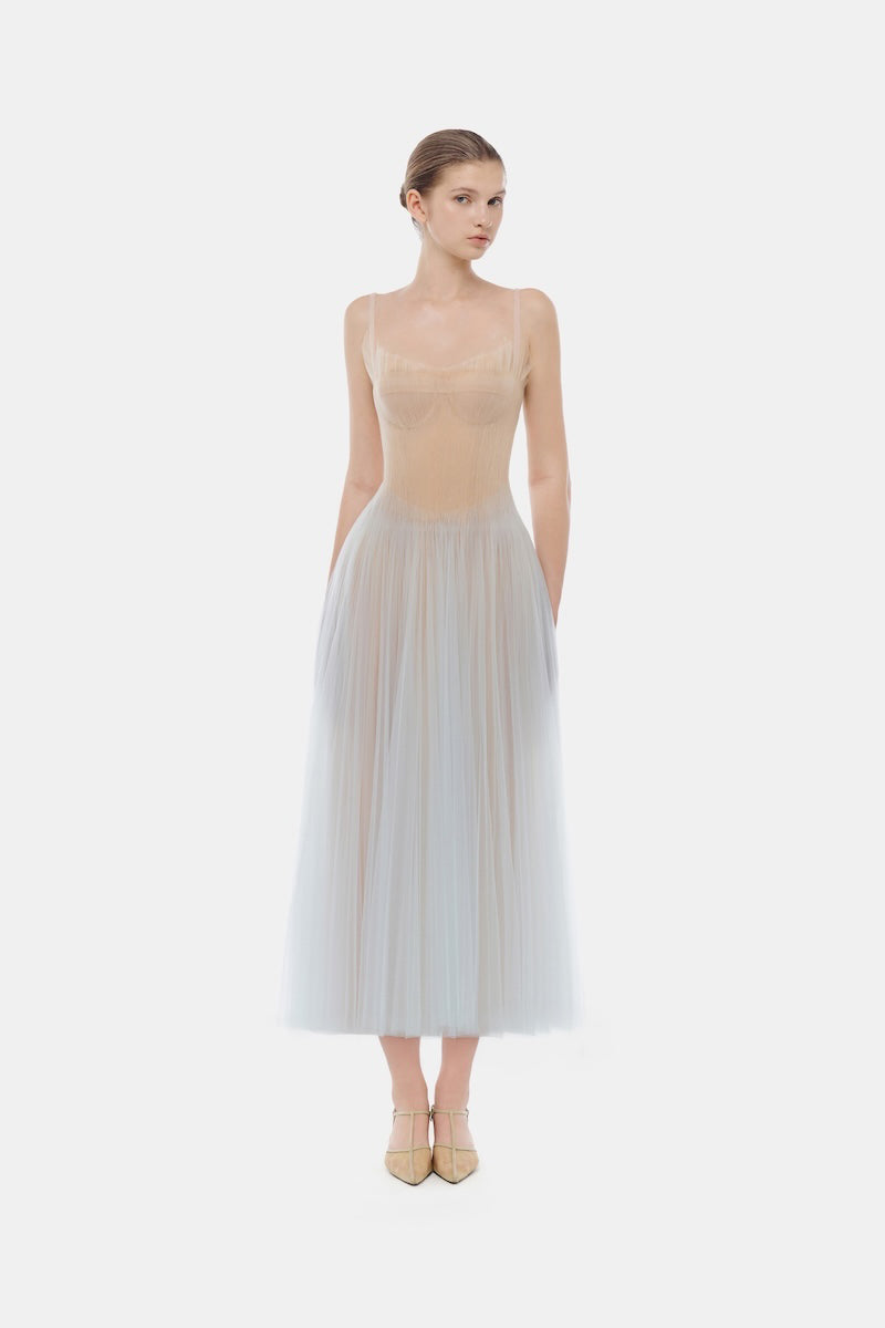 BLUE CORSET TULLE MIDI DRESS | CULT MIA