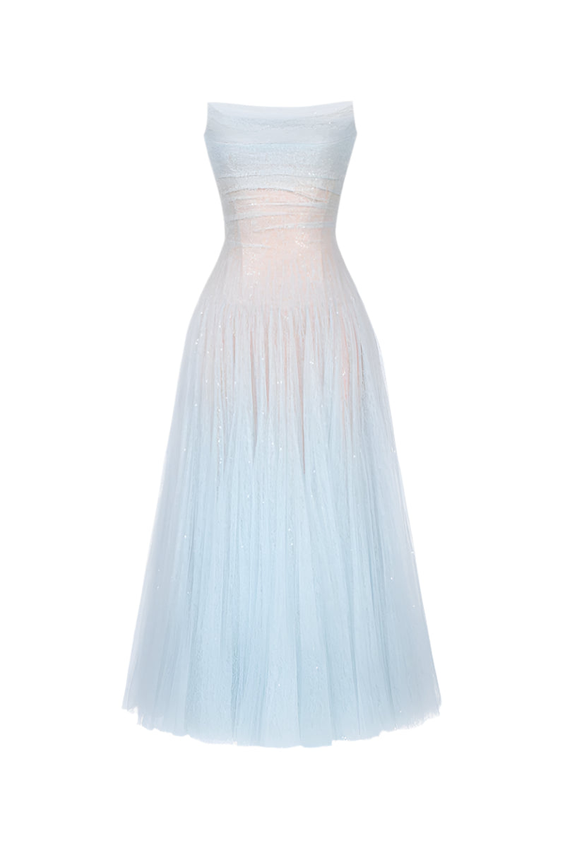 Blue draped lace gown by Montsand featuring a midi length and elegant design, showcased on a model.