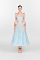 Elegant blue draped lace gown by Montsand featuring a flowing midi design and intricate lace details.