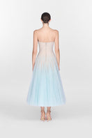 Blue draped lace gown by Montsand, showcasing a flowing midi dress with elegant lace details and a sophisticated silhouette.