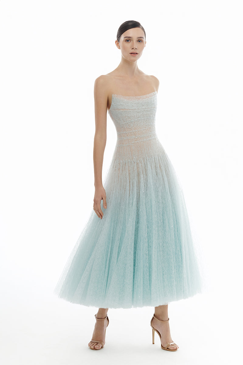 BLUE DRAPED LACE MIDI DRESS - CULT MIA